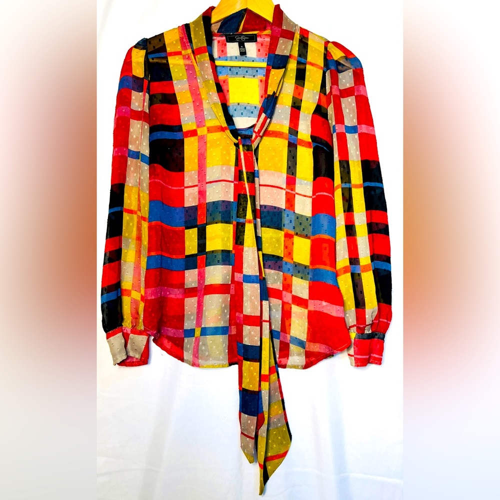Jessica Simpson Multi-color, Bow Tie, Sheer Blouse Size S